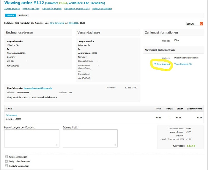 Detailansicht einer Bestellung