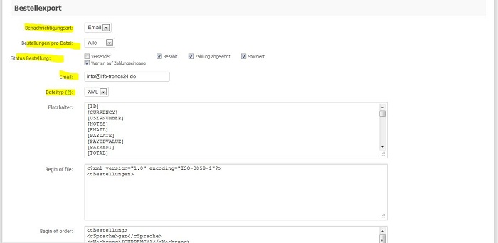 export einstellung