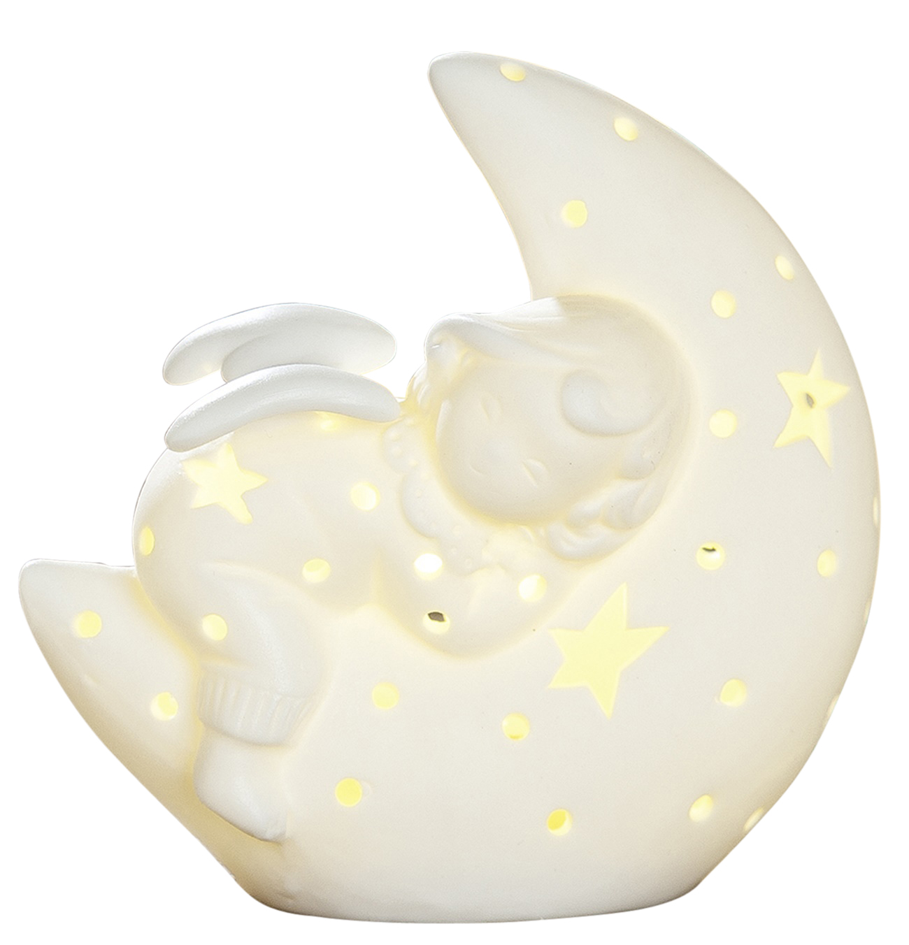 :: Porzellan auf Engel :: LED Engel Mond - Festtags-Dekoartikel Deko-Figur aus Heim Kinder Nachtlicht für groß Dekoration als Garten 10x10cm Beleuchtung mit & ::