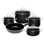RIESS Topfset 'Black Magic' 5-teilig je 1 x Fleischtopf Ø 16,20,24 cm, 1 x Kasserolle Ø 20 cm, mit Edelstahlgriffen und 1 x Bratpfanne mit Kunststoffgriff Ø 28 cm