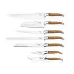 HAWS Messerset 'Laguiole' 7-teilig Chefmesser: 30,5 cm (mit Griff 44,5 cm), Fleisch- und Fischmesser: 28 cm (mit Griff 42 cm), Brotmesser: 19 cm (mit Griff 34 cm), Filetiermesser: 19 cm (mit Griff 34 cm), Santokumesser: 17 cm (mit Griff 31 cm), Universalm