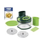 GENIUS Nicer Dicer Pegasus Set 10-teilig Inhalt: 1 x Deckel, 1 x Scheibenrahmen, 1 x Stopfer, 1 x Trennsteg, 1 x Auffangbehälter (Fassungsvermögen: 1.850 ml), 1 x Silikonring, 1 x Feine Reibscheibe, 1 x Grobe Schneidscheibe (3 mm), 1 x Flexibler Frischhal