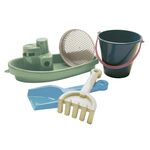 DANTOY Blue Marine Boot und Sandspielzeug Set 5-teilig 1 Eimer, 1 Sieb, 1 Schaufel, 1 Harke, 1 Boot