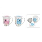 Teebecher Eule mit Deckel und Metallsieb sortiert 300 ml 10cm weiß/rosa/blau