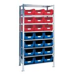 Steckregal H2000xB1000xT500mm Anbauregal 8 Stahlböden 12 x MK2 blau,9 x MK2 rot