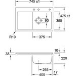 Subway 45 flat Spüle Becken rechts 745 x 475 mm ChroCeramicplus