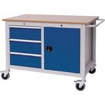 Werkbank B1250xT750xH935mm Buche Multiplex lichtgrau/signalblau 3 Schubl.1 Tür