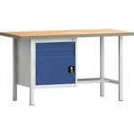 Werkbank PW 700 B1500xT700xH840mm Buche Multiplex grau enzianblau 2 Schubl.1 Tür