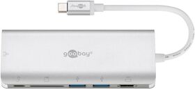 USB-C™-Multiport-Adapter auf HDMI™ 4K @ 30 Hz, USB, Cardreader, RJ45, PD, Alu, silber- VPE: 1