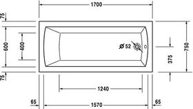 Duravit Rechteck-Badewanne DARO 1 Rückenschräge 1700x750mm weiß