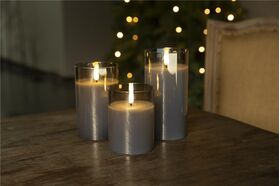 3er-Set LED-Echtwachs-Kerzen im Glas, grau-transparent- VPE: 1