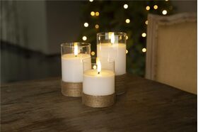3er-Set LED-Echtwachs-Kerzen im Glas, weiß, mit Hanf umwickelt- VPE: 1
