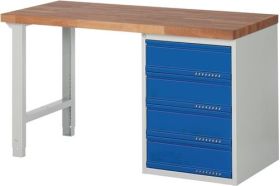 Werkbank Ser.BK 650 B1500xT700xH840mm Buche massiv grau/blau 4 Schubl.TECWERK