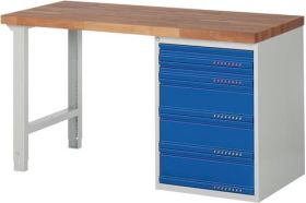 Werkbank Ser.BK 650 B1500xT700xH840mm Buche massiv grau/blau 5 Schubl.TECWERK