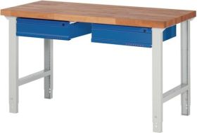 Werkbank Ser.BK 650 B1500xT700xH790-1140mm Buche massiv grau/blau 2 Schubl.TW