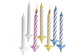 Geburtstagskerze Tortenlichte mit Halter sortiert weiß/rosa/gelb/blau 24erPack