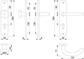 Langschildgarnitur Mar.53/273P/1138 Alu.F1 PZ 72mm DIN L/R HOPPE