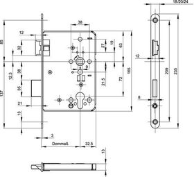 Feuerschutztürschloss B-1206 24/65/72/9mm DIN R 24mm rd VA BKS