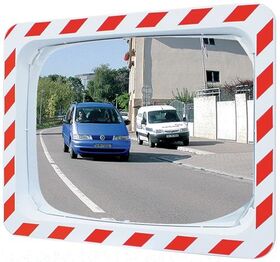 Verkehrsspiegel H400xB600mm Kunststoff,rot/weiß f.2 Richtungen 9m SPL