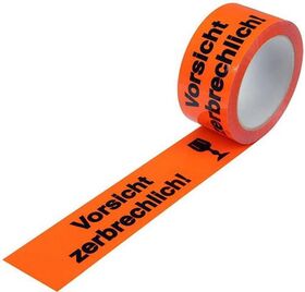 Warnklebeband Breite 50mm L.66m S.52µ PP leuchtorange Vorsicht zerbrechlich - VPE: 12