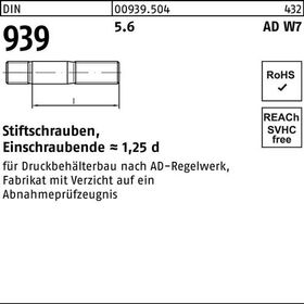 Stiftschraube DIN 939 M16x 35 5.6 AD W7 Einschraubende=1,25d 50 Stück - VPE: 50