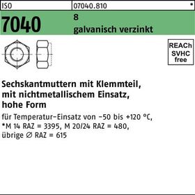 Sechskantmutter ISO 7040 Klemmteil M20 8 galv.verz. 50 Stück - VPE: 50
