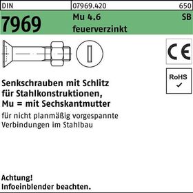 Senkschraube DIN 7969 U/CE Schlitz/Mutter M12x 40 4.6 feuerverz. 100St. - VPE: 100