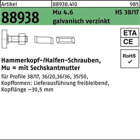 Hammerkopfschraube R 88938 38/17 6-ktmutter M16x30 Mu4.6 galv.verz. 50St. HALFEN - VPE: 50