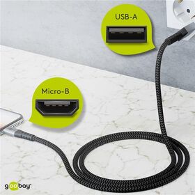 Micro-USB-auf-USB-A-Textilkabel mit Metallsteckern (spacegrau/silber), 1 m, 1m- VPE: 1