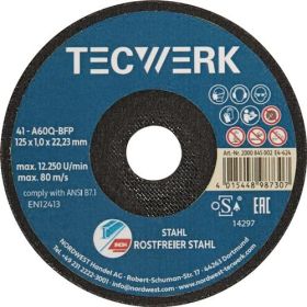 Premium-Trennscheibe 2in1 D125x1mm ger.INOX/Stahl Bohr.22,23mm TECWERK - VPE: 25