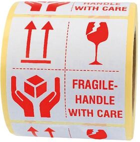 Warnetiketten Fragile - handle with care Maße 100x100mm weiß Rollenkern 76mm