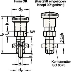 Rastbolzen GN 817 d1 8mm d2 M16 x 1,5mm l1 12mm Stahl,o.Rastsperre,m.Kontermut. - VPE: 5