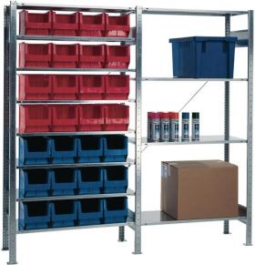 Steckregal H2000xB1000xT400mm Grundregal 8 Stahlböden 12xMK3 blau,16xMK3 rot TW