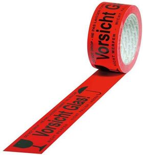 Kennzeichnungsband Breite 50mm L.66m S.52µ PVC rot Aufdruck Vorsicht Glas - VPE: 12