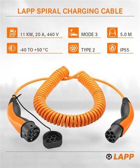 Spiral-Ladekabel Typ 2, bis zu 11 kW, 5 m, orange, 5m- VPE: 1