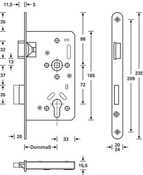 Panik-Einsteckschloss Ser.20 APE Fkt.E rd 24/55/72/9mm DIN re.VA SSF