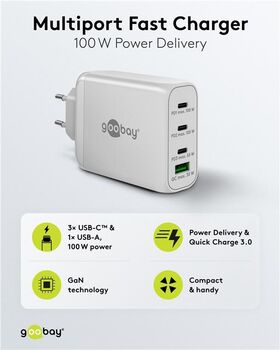 USB-C™ PD GaN Multiport-Schnellladegerät (100 W) weiß, weiß- VPE: 1