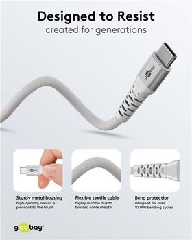 USB-C™ Supersoftes Textilkabel mit Metallsteckern, 3 m, weiß, 3m- VPE: 1