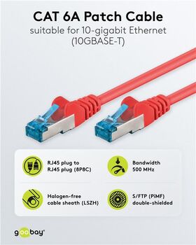 CAT 6A Patchkabel, S/FTP (PiMF), rot, 0.5m- VPE: 1