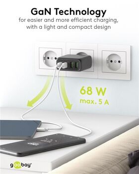 USB-C™ PD GaN Multiport-Schnellladegerät (68 W) schwarz, schwarz- VPE: 1