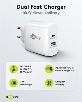 USB-C™ PD GaN Dual-Schnellladegerät (65 W) weiß, Weiß- VPE: 1