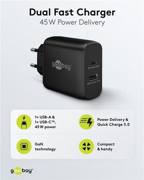 USB-C™ PD GaN Dual-Schnellladegerät (45 W) schwarz, schwarz- VPE: 1
