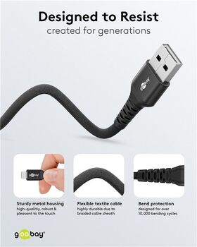 Lightning auf USB-A Supersoftes Textilkabel mit Metallsteckern, 0,5 m, 0.5m- VPE: 1