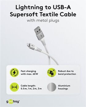 Lightning auf USB-A Supersoftes Textilkabel mit Metallsteckern, 1 m, 1m- VPE: 1