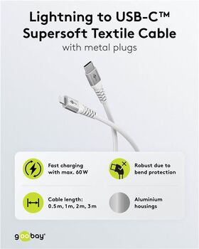 Lightning auf USB-C™ Supersoftes Textilkabel mit Metallsteckern, 2 m, 2m- VPE: 1