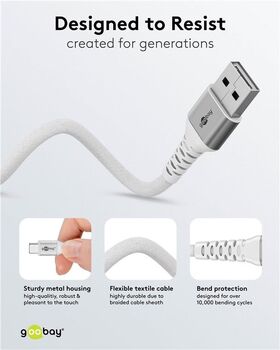 USB-C™ auf USB-A Supersoftes Textilkabel mit Metallsteckern, 3 m, weiß, 3m- VPE: 1
