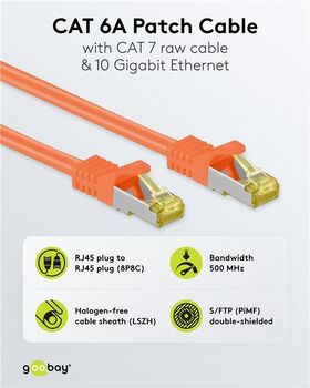 RJ45 Patchkabel CAT 6A S/FTP (PiMF), 500 MHz mit CAT 7 Rohkabel, orange, 0.25m- VPE: 1