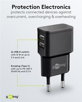 USB-A Dual-Ladegerät (12 W) schwarz, Schwarz- VPE: 1