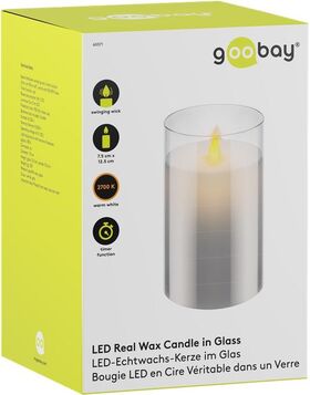 LED-Echtwachskerze im Glas, 7,5 x 12,5 cm, grau-transparent- VPE: 1