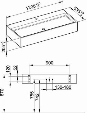 Keuco Keramik-Waschtisch EDITION 90 1208x205x535mm ant m 1L-Boh KEUCO